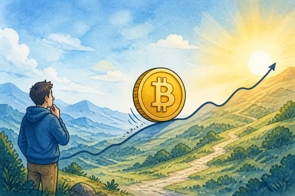 Cartoon illustration of a Bitcoin coin rising from a valley toward a bright horizon on a market line