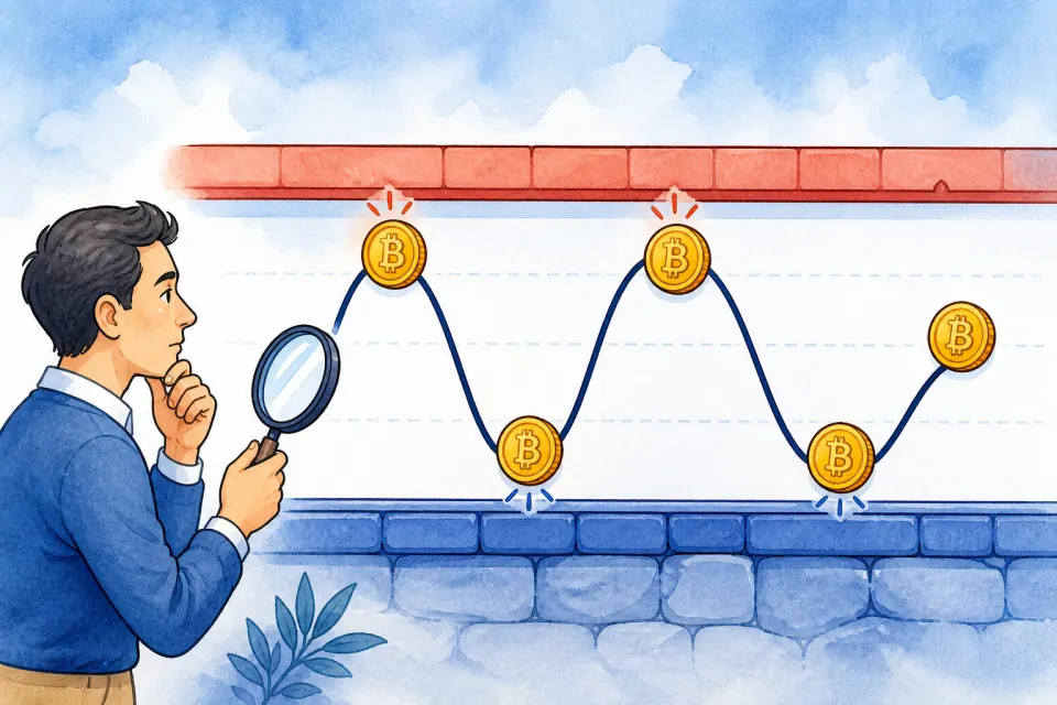 Cartoon Bitcoin price path moving between a floor of support and a ceiling of resistance while an investor studies it