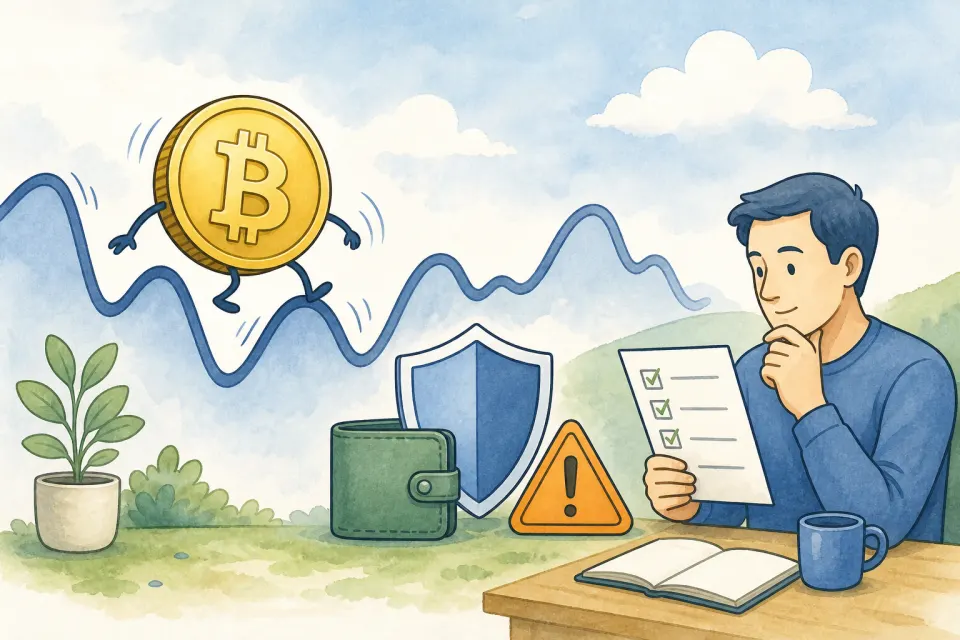 Cartoon Bitcoin coin on a bumpy price path beside a wallet, shield, checklist, and caution symbol