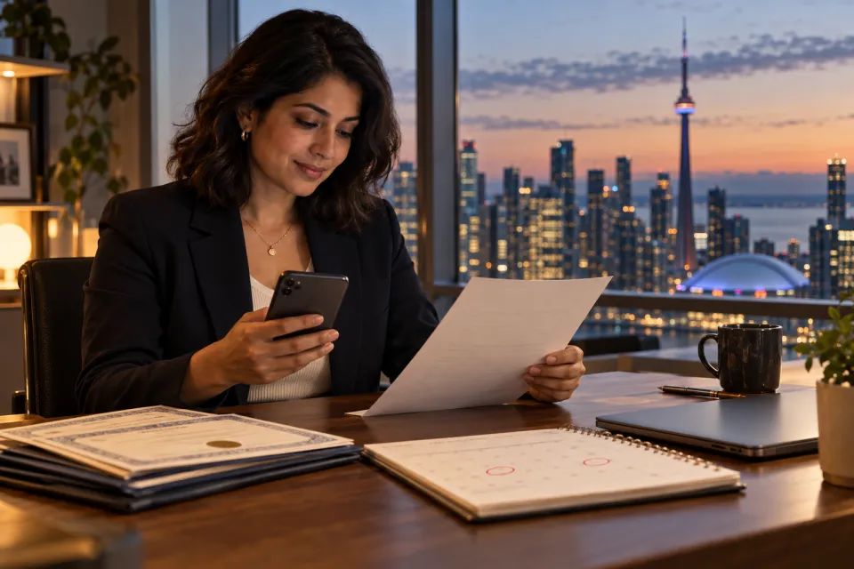 Canadian employee in a Toronto office reviewing a company share award and upcoming vesting dates