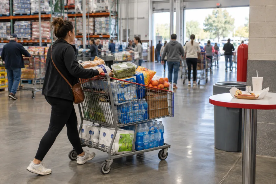 Warehouse shopper pushes a full bulk-grocery cart past a small table with a finished hot dog meal