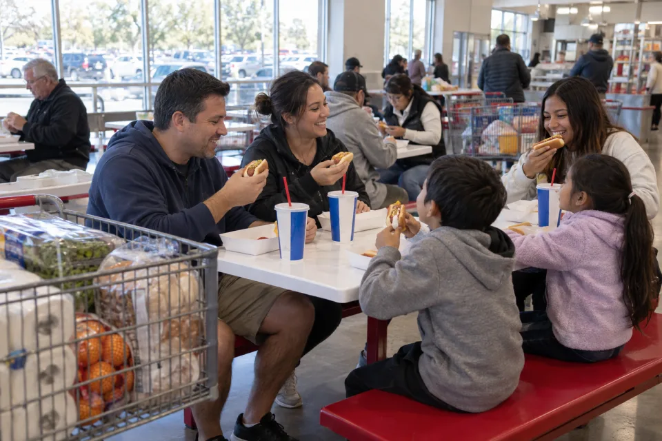 Family and other warehouse-club shoppers enjoy hot dogs and drinks at a food court beside grocery carts