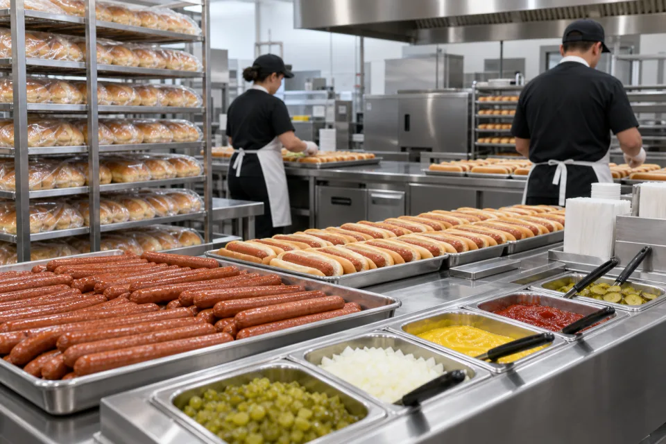 High-volume food-service kitchen prepares trays of hot dogs, buns, and condiments
