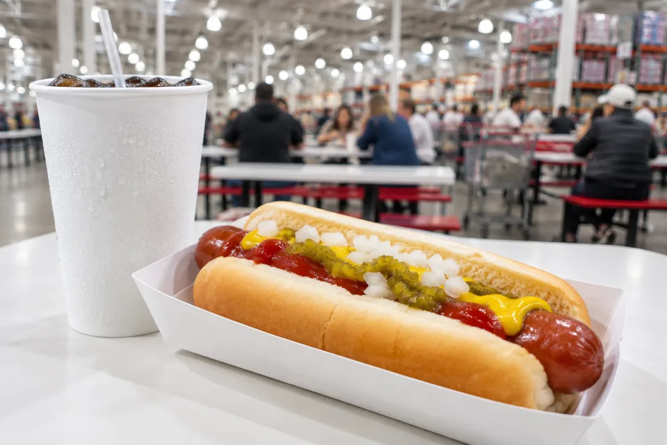 Hot dog and fountain drink on a tray inside a busy warehouse-club food court