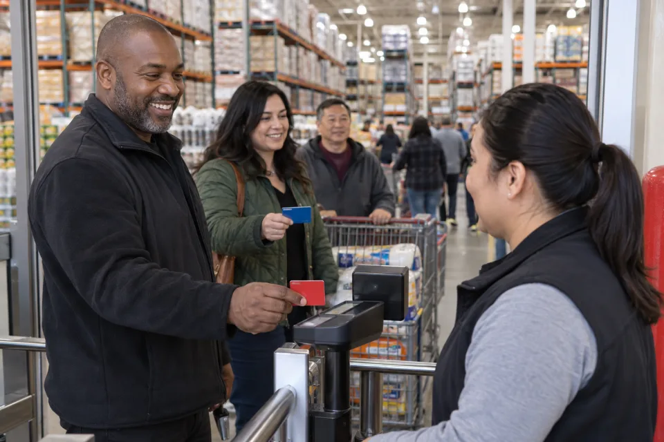 Warehouse-club members present generic membership cards at an entrance scanner before shopping
