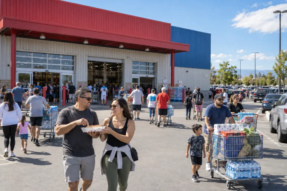 Weekend shoppers enter and leave a large warehouse-style club with carts while a couple shares a hot dog
