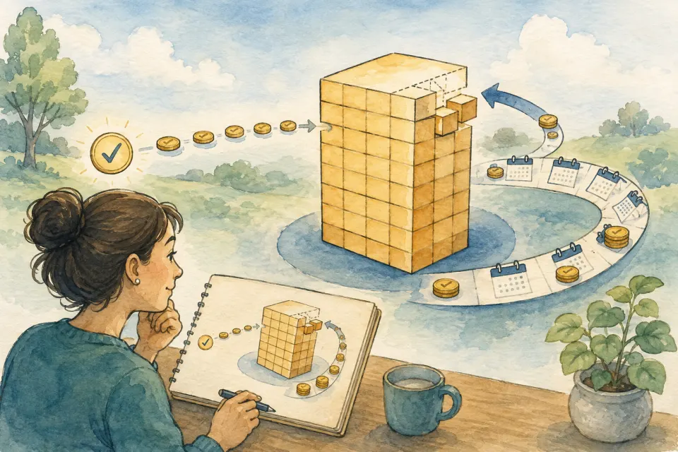 Small regular payments remove only a few blocks from a larger credit card balance while a calendar path loops around it