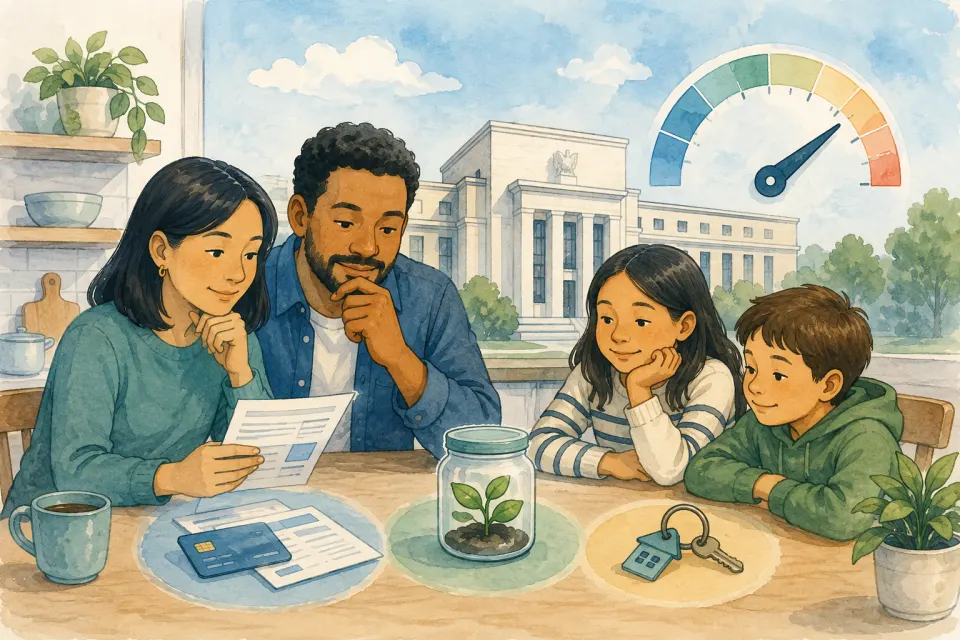 Family reviewing everyday borrowing, saving, and home decisions beside a generic central-bank building and rising interest-rate dial