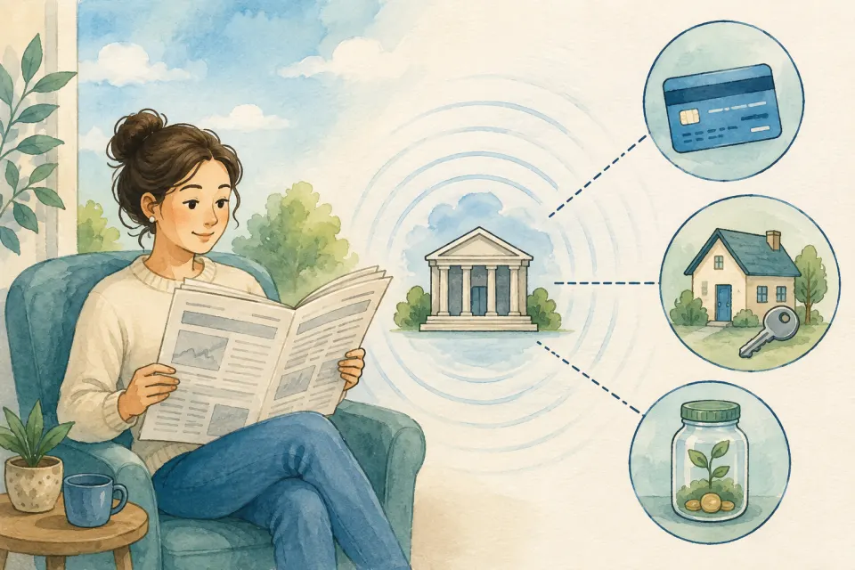 Person reading an interest-rate headline as ripple lines connect a central bank to a credit card, home key, and savings jar