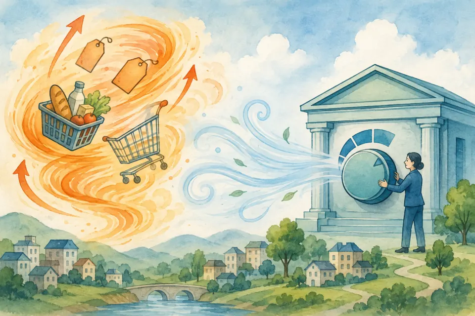 Generic central bank using a cooling dial to calm a warm whirlwind around a grocery basket and shopping cart