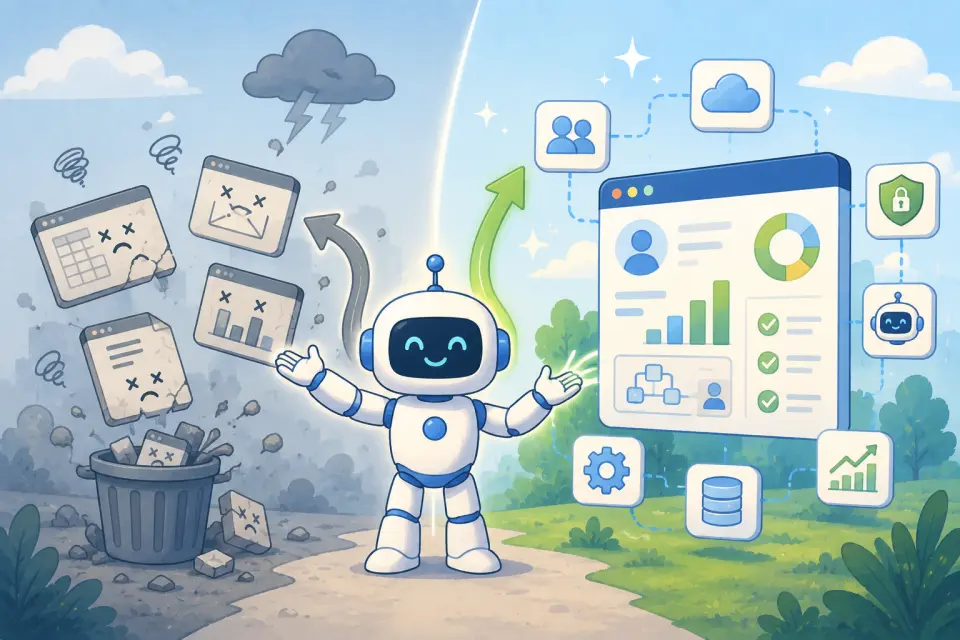 AI robot choosing between struggling software tools and a growing connected enterprise dashboard