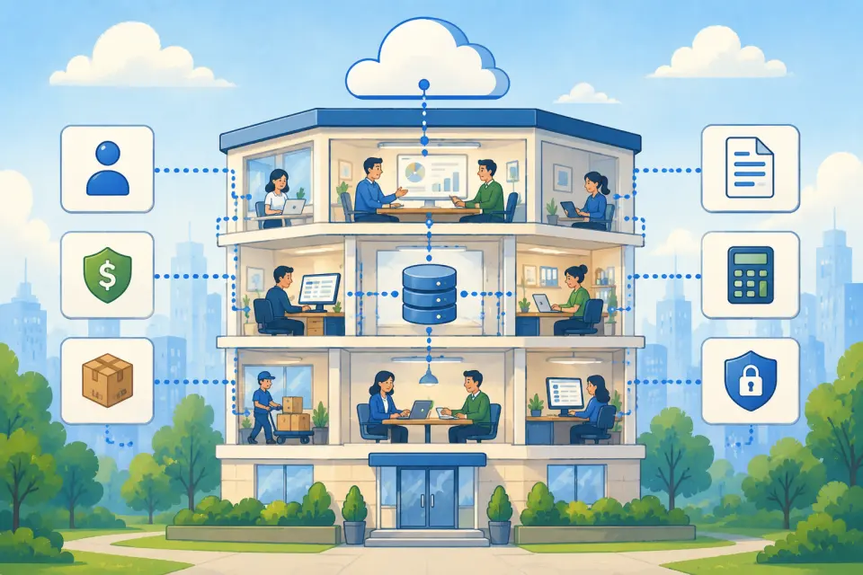 Business teams connected through cloud software, data, documents, finance, inventory, and security systems