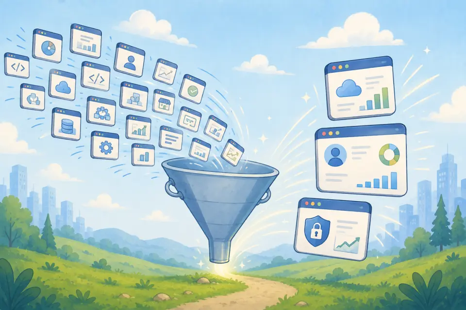 Many software products flowing through a funnel toward a smaller group of successful enterprise platforms