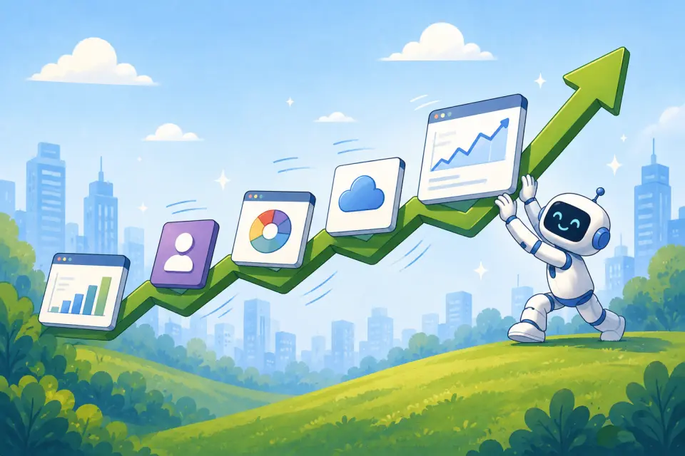 Robot helping software dashboard cards move up a rising green market line