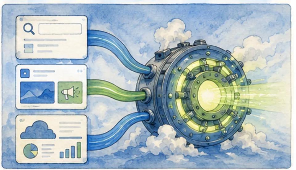Generic search, social, cloud, shopping, and media services flow into a shared revenue engine