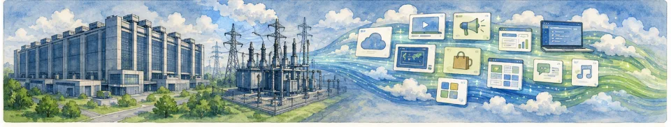Large data center and power equipment support a stream of cloud, advertising, media, and software services