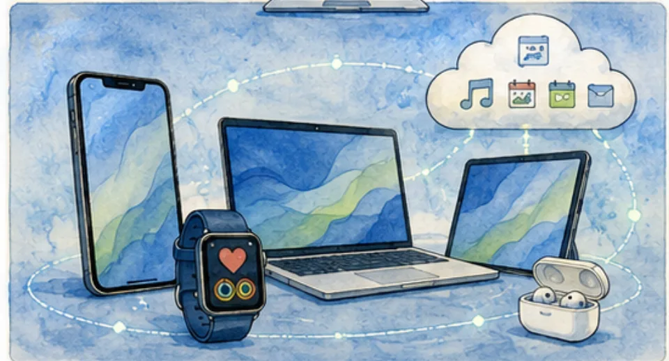 Phone, laptop, tablet, wearable, and cloud services form one connected technology ecosystem