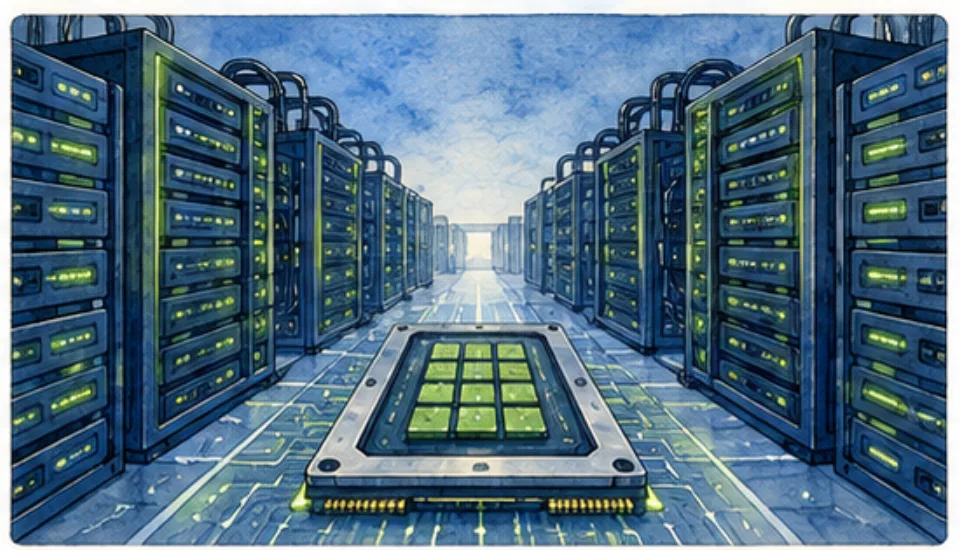 Rows of AI data-center servers surround a powerful accelerator chip