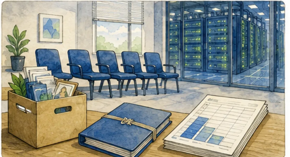 Empty office chairs, transition boxes, payroll documents, and an active data center show the human and financial cost of a technology workforce reduction